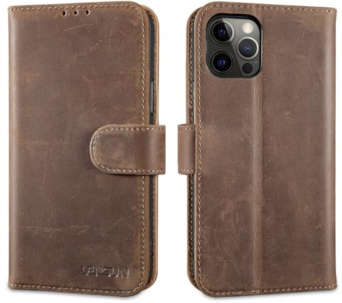 LENSUN Echtleder Hülle für iPhone 12/12 Pro, Handyhülle [Echtes Leder][Standfunktion][Kartenfächer] Handytasche Lederhülle Klappbar für iPhone 12 - Vintage Dunkelbraun