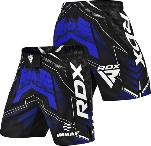 RDX Pantalones cortos de MMA para combate y entrenamiento aprobados por IMMAF, tela ligera con cintura elástica, diseño de aberturas laterales para adultos y niños para movilidad de rango completo