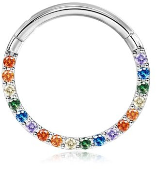 BodyBonita Arc-en-ciel Anneaux de Piercing Septum Clicker avec CZ - Acier Chirurgical 316L 18G Piercing Nez Anneaux Conch Piercing Oreille Helix Tragus Rook Cartilage Daith Lobe Nombril 8mm Argentée