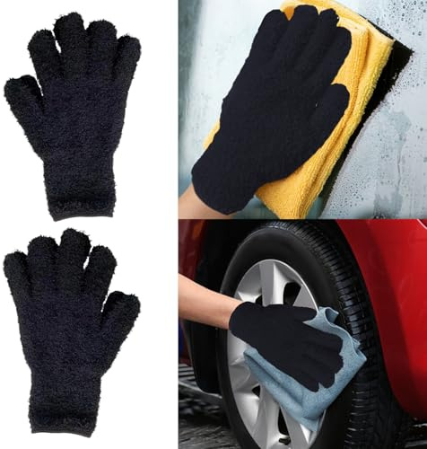 Mikrofaser-Handschuhe, Mikrofaser-Handschuhe zum Staubwischen von Pflanzen, Staubhandschuhe für die Hausreinigung, Schwarz, 2 Paar