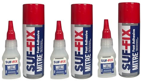 SUF-FIX 3x Mitre Adhesive Spray and Gel Two-Unit Kit | 50g Adhesive 200ml Activator Spray Instant Gluing | Fast Adhesives Kit for Wood, Glass, Plastic, Leather, Metals (Clear, Pack of 3)