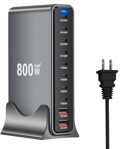 800W USB C Schnellladeblock, 10 Ports GaN III USB Chagring Station, Dual 140W PD PPS HUB für mehrere Geräte, Laptop Adapter Kompatibel mit MacBook Pro/Air iPad iPhone Pro Max, Galaxy, Dell, HP