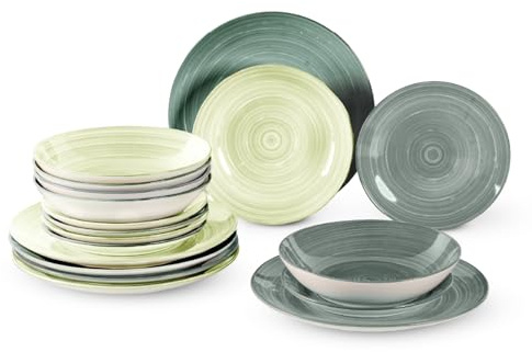 Set 18 Piatti, 6 Coperti Completi in Porcellana - Servizio Tavola Moderno 6 Persone: Piani Ø27 cm, Fondi Ø20 e Dessert Ø19 - Certificazione Contatto Alimentare per Microonde e Lavastoviglie - Terra