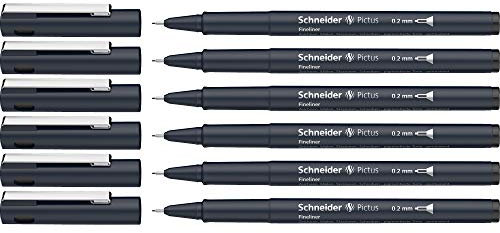 Schneider Pictus Fineliner (Strichstärke 0,2 mm, dokumentenechte Pigmentliner, metallgefasste Spitze, Gehäuse aus 85% recyceltem Kunststoff) 6er Pack, schwarz