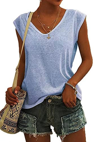 ASKSA Women V Neck Cap Sleeve T-Shirt Summer Solid Color Tank Top Casual Loose Shirts Basic Tee Tops (Light Blue,S)