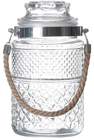 Glass Storage Jars with Handle Airtight Lid Vintage Decorative Containers Kitchen Food Preserving Jar Jute Rope Handle Push Top for Storing Candy Cookies Sweets Snacks (1800ml)