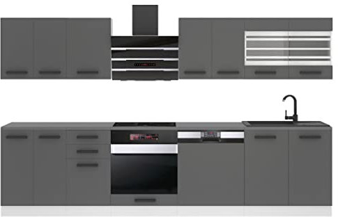 BELINI | Küchenzeile Küchenblock Lucy - Küchen-Möbel 300 cm | Küche komplett ohne Elektrogeräten mit Hängeschränke und Unterschränke | Mit Arbeitsplatten | Silber matt