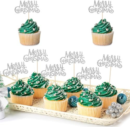 24 Stück Merry Christmas Cupcake Toppers Glitter Frohe Weihnachten Kuchen Toppers Frohe Weihnachten Xmas Thema Party Kuchen Dekorationen Zubehör Silber