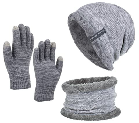 Neutrale Damen Herren und Winter Einfarbig Wollmütze Verdickt Warmer Gehörschutz Kalt Strickmütze Handschuh Schal Dreiteiliges Set Kaschmir Mütze Damen Blau (Grey, One Size)