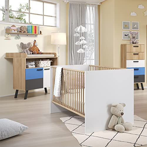 Babyzimmer Set, mit höhenverstellbaren Babybett weiß, Wickelkommode mit Aufsatz, Kommode und Regal in weiß Graphit und Buche inkl. Wechselblenden in rosa und blau