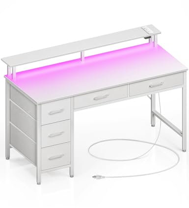 Seventable Computertisch mit Steckdosen & LED-Beleuchtung, 100cm Gaming Schreibtisch mit 5 Schubladen, Gaming Tisch mit Monitorständer, fürs Büro, Arbeitszimmer, Schlafzimmer, Wohnzimmer, Weiß