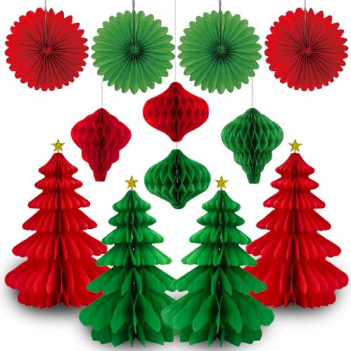 Ctxtqtdt 12 STK Faltbarer Papier Weihnachtsbaum Set, Wabenbälle Deko Weihnachten aus Papier, Tischdeko Weihnachten, Wiederverwendbare Christbaumschmuck Papier zum Hängen für Weihnachten Winter
