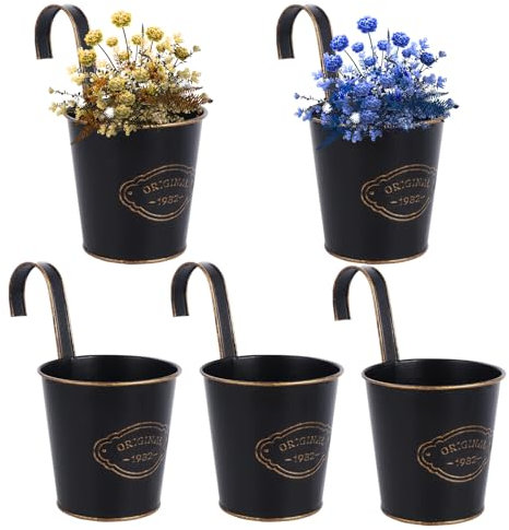 eROOSY 5PCS Metal Hanging Flower Pots with Detachable Hook, Balcony Flower Bucket Wall Planter Garden Planters, Metal Hanging Flower Pots With Drainage Hole for Balcony Fence Home Decor