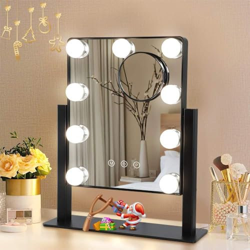 DINGLILIGHTING Hollywood Schminkspiegel mit Beleuchtung, 9 LED Licht Dimmbar Schminktisch Spiegel, 360° Drehbar, 3 Farbtemperatur Licht, Schwarz Spiegel mit Licht für Schlafzimmer Schminktisch,30x36cm
