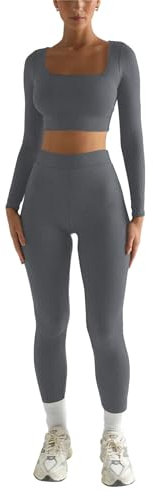 Dreamskull Sportanzug Trainingsanzug Damen Frauen 2 Teiler Bauchfrei Eng Yoga Gym Fitness Sport Anzug Kleidung Zweiteiler Damen Set Sale Sportwear Langarm Crop Top Oberteil Leggings Joggingsanzug