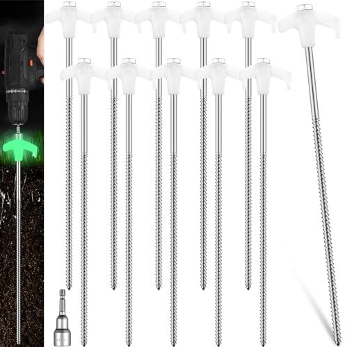 Hicarer 10 Pcs 12 Inch Tent Stakes Screw in Camping Stakes Heavy Duty Metal Spikes Ground Anchor Peg Threaded Tent Spikes with Hex Head Driver for Camping Garden Inflatable (Luminous White)