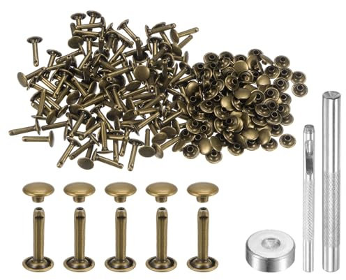 QUARKZMAN 100 Sets Leder Nieten 9mm x 16mm Metall Doppelkappe Nieten Druckknöpfe Befestigungselemente mit 3 Stück Montagewerkzeugen für Lederhandwerk DIY Reparatur Dekoration, Bronze