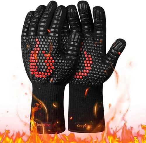 onlyfire Grillhandschuhe Hitzebeständig bis 800°C, Ofenhandschuhe rutschfest, Feuerfeste Handschuhe, Backhandschuhe für Backen/Grillen/Kochen/BBQ, Kochhandschuhe, Kamin-Handschuh, Schwarz