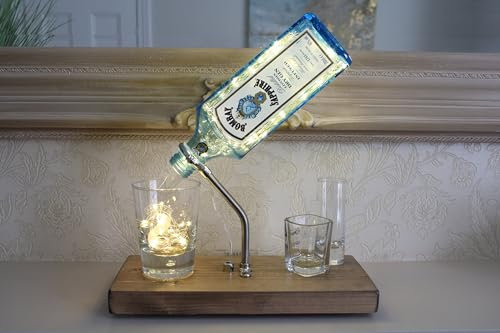 Handmade Upcycled Blue London Dry Gin Bottle Lamp (70cl). Unique Gin Gift for The Home (Brass Fittings, Battery Powered)