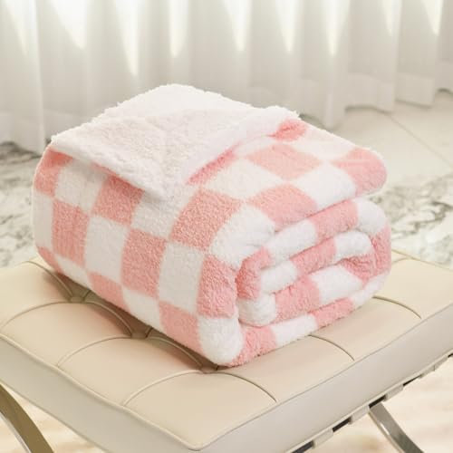 DREAMLANDING Sherpa Fleece Blanket Sofa Throw Double-Sided Super Soft Warm Throw Blanket For Bed, Sofa, Couch (Pink Checkered, 150×180cm)
