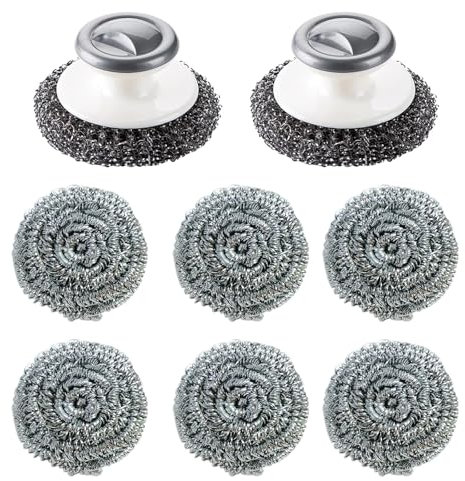 2Pcs Stainless Steel Scrubber with 6 Wire Wool, Steel Wool Scrubber with Handle, Metal Scourer Brush Metal Sink Cleaner Scourer for Cleaning Dishes, Cast Iron, Stock Pots, Pans, Griddles, Grills