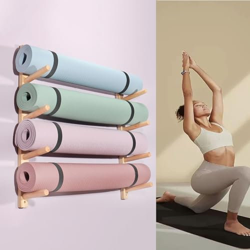 9 Tier Holz Yoga Mat Rack Organizer Wandmontage, Multi-Use Übungsmatte Lagerung Regal Wandhalterung - Lagerung Schaum Rollen Gym Yogamatten