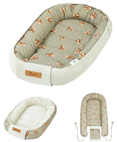Flumi Babynest Kokon Baby Smyckesbo tvåsidigt av bomull och sammet, OEKO-TEX, personliggörbar med namn, för nyfödda (beige teddybjörn)