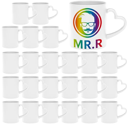 MR.R Set of 24 Sublimation Blanks Dishwasher White Ceramic Coffee Mugs 11oz Blank Ceramic Classic Drinking Cup Mug with Heart Handle for Milk Tea Cola Water