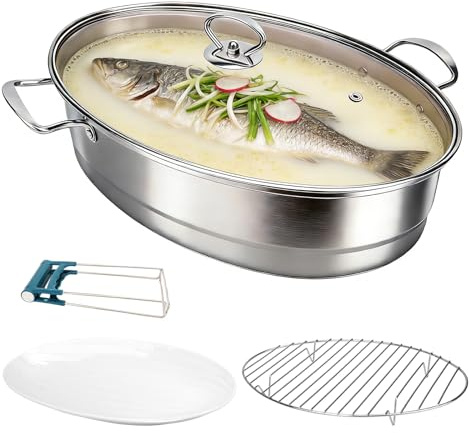 Stainless Steel Oval Fish Steamer Multi Purpose Cooking Pot with Rack | Versatile Braiser Stockpot with Ceramic Pan, Great for Steaming Fish, Soup and Pasta Cooking