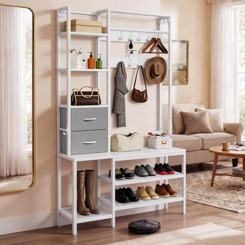 YITAHOME Clothes Rack Coat Stand Shoe Rack, Hallway Storage Unit, White | Freestanding Coat Rack with Shoe Storage Bench, 9 Hooks, 2 Drawers and Shelves; Industrial Living Room Bedroom, 120x40x180cm