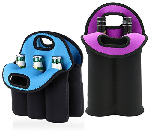 Hipiwe 2 Bottle Wine Carrier Tote Bag + 6 Slot Beer Can Holder (Set of 2)