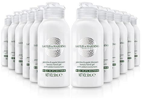 Baylis & Harding Jasmine and Apple Blossom Anti Bacterial Hand Sanitiser Gel, 50 ml, (Pack of 12) - Vegan Friendly