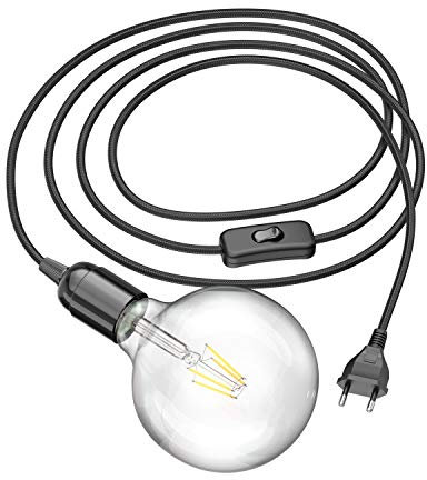 ledscom.de Textilkabel LEHA mit Stecker, Schalter und E27 Fassung, schwarz, 3m inklusive Leuchtmittel 7,123W 838lm warmweiß