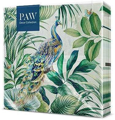 PAW - Servietten 3-lagig (33 x 33 cm) I 20 Stück I Perfekt für Geburtstage, Partys, Hochzeiten, Kommunion und Feiern I Papierservietten Bunt - Sommer, Pfau, Laub I Farbe: Peacock