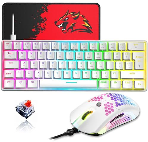 ZIYOU LANG T60 60% White Mechanical Gaming Keyboard and Mouse [UK Layout] - RGB Light up Type C Ergonomic Mini Keyboard - 12000 DPI USB Honeycomb Mouse PS4 PC Computer Switch Accessories - Red Switch