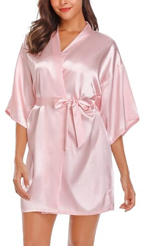 Wikoan Peignoir de Bain Satin Femme Kimono Nuit Robe de Chambre Bride Sortie de Bain Mariage Peignoirs Bridesmaid Kimono avec Ceinture Rose XXL