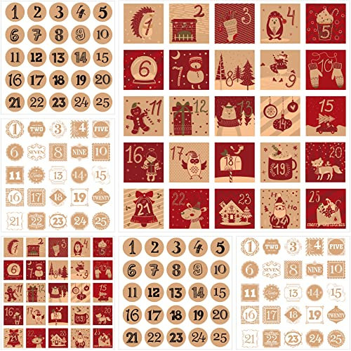 6 Sheets Christmas Advent Calendar Numbers Sticker, 25 Days Christmas Countdown Calendar Stickers Christmas Boxes Tags Adhesive Labels for Kids DIY Gifts Craft Xmas Holiday, 1.6 Inch (Kraft Style)