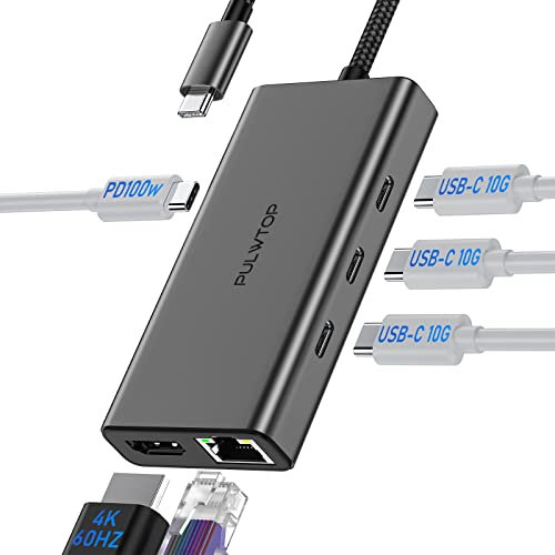 PULWTOP USB C Hub,6-in-1 USB C Multiport Adapter Dock Mit 3xUSB C 10 Gbit/s 3.2 Gen,1*HDMI bei 4K60 Hz,1x100W PD,1xGigabit-Ethernet für iMac/Laptop/MacBook/Air/iPad/Pro/HP/iPhone 15 usw
