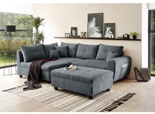 Lomadox Ecksofa mit Hocker und 8 Kissen in anthrazit | L-Form mit Recamiere Links