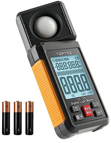 TopTes TS-710 Luxmetro Digitale, Luxmetro Portatile con Sensore Rotato di 180º, Schermo LCD Retroilluminato, Unità Lux/FC, per Interni LED ed Esterni per Piante - Batteria Inclusa