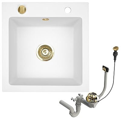 Granitspüle 48x50 Küchenspüle Gold Granit Spülbecken f. Unterschränke ab 45 cm inkl.Siphon Set (Ohne Armatur, Weiß)