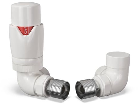 UK Radiators Thermostatic Radiator Valve (TRV) 15mm Corner Lockshield Valve in Glossy White Colour - Energy Saving 1/2 x 15mm Brass Corner Radiator Valve…