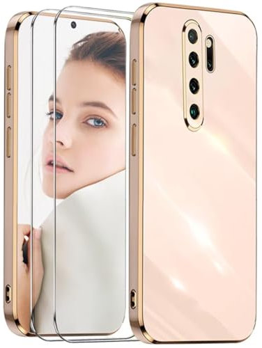 ATISIJIE Funda para Xiaomi Redmi Note 8 Pro,Antigolpes Carcasa Flexible de Silicona Suave con 2× Cristal Templado,Diseño Marco Dorado Cubierta Protectora-Rosa