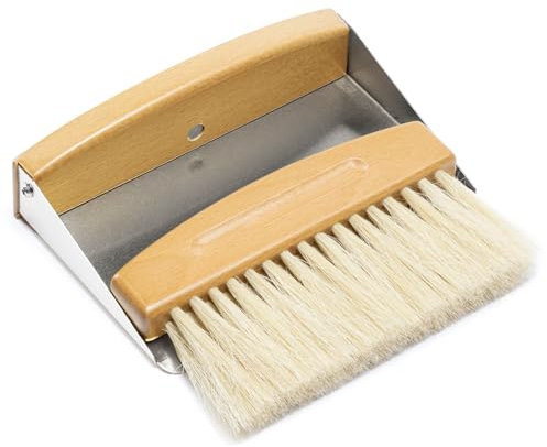 Navaris Set Escoba Pequeña y Recogedor de Mano - Juego de Cepillo Pequeño con Mango de Madera y Pala de Metal para Mesa - Recogedor Recoge Migas de Pan y Sobras - Color Plateado
