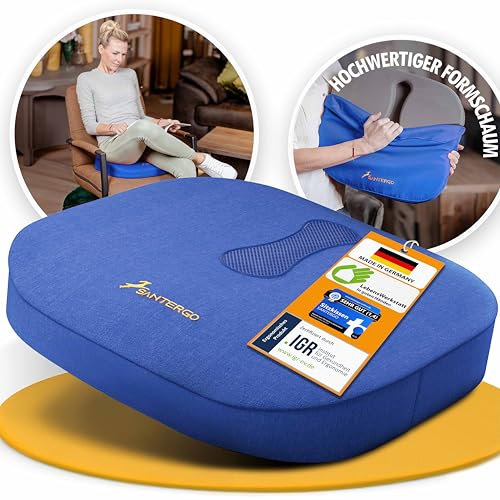 SANTERGO Orthopädisches Sitzkissen [PATENTIERT & FORMSTABIL] - Sitzkissen für Bürostuhl und Auto - Sitzkissen Stuhl, Sitzauflage Bürostuhl, Steißbeinkissen, Sitzpolster (Blau, Hard 90-125 kg)