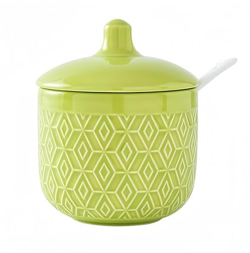 Dowbom Zuccheriera in porcellana tinta unita, per bar, zuccheriera con coperchio e cucchiaio (verde, 290 ml)