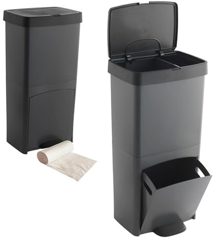 Pack Cubo de basura o reciclaje 70L VERTICAL, 2 compartimentos, Papelera residuos INCLUYE 5 rollos (75 bolsas) de basura de 10l