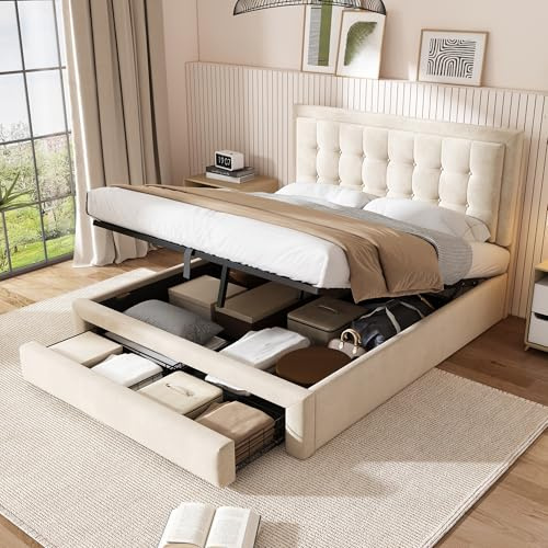 ModernLuxe Double Bed Frame, Fashion Upholstered Ottoman Bed, 4FT6 Double Bed Frame with Storage, Slats and Headboard, Hydraulic Bed with Drawers, No Mattress, Cream Velvet Fabric 135x190cm