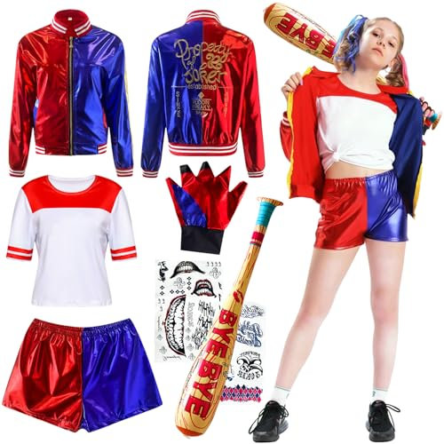 AJDSK Quinn Cosplay Kostüme Kinder: Mädchen Bösewicht Clown Kostüm Kit enthalten Jacke, T-Shirt, Shorts, Aufblasbare Baseballschläger, Tattoo-Aufkleber und Handschuh für Halloween Karneval (M)