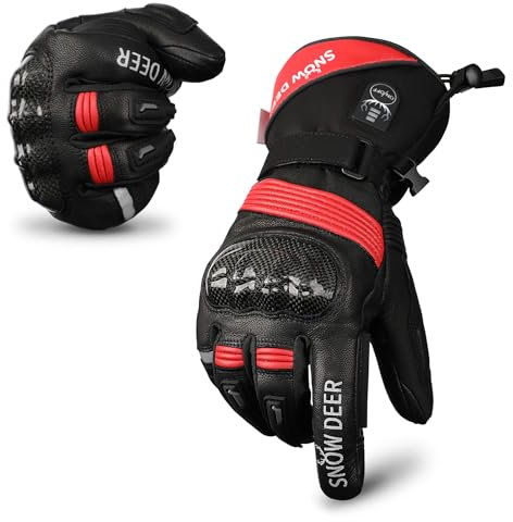 SNOW DEER Beheizte Handschuhe,Motorrad Handschuhe,Wiederaufladbarem Lithium Akku Skifahren Fausthandschuhe für Herren Damen,Skifahren Jagen Reiten Radfahren Camping (schwarz-rot, L)